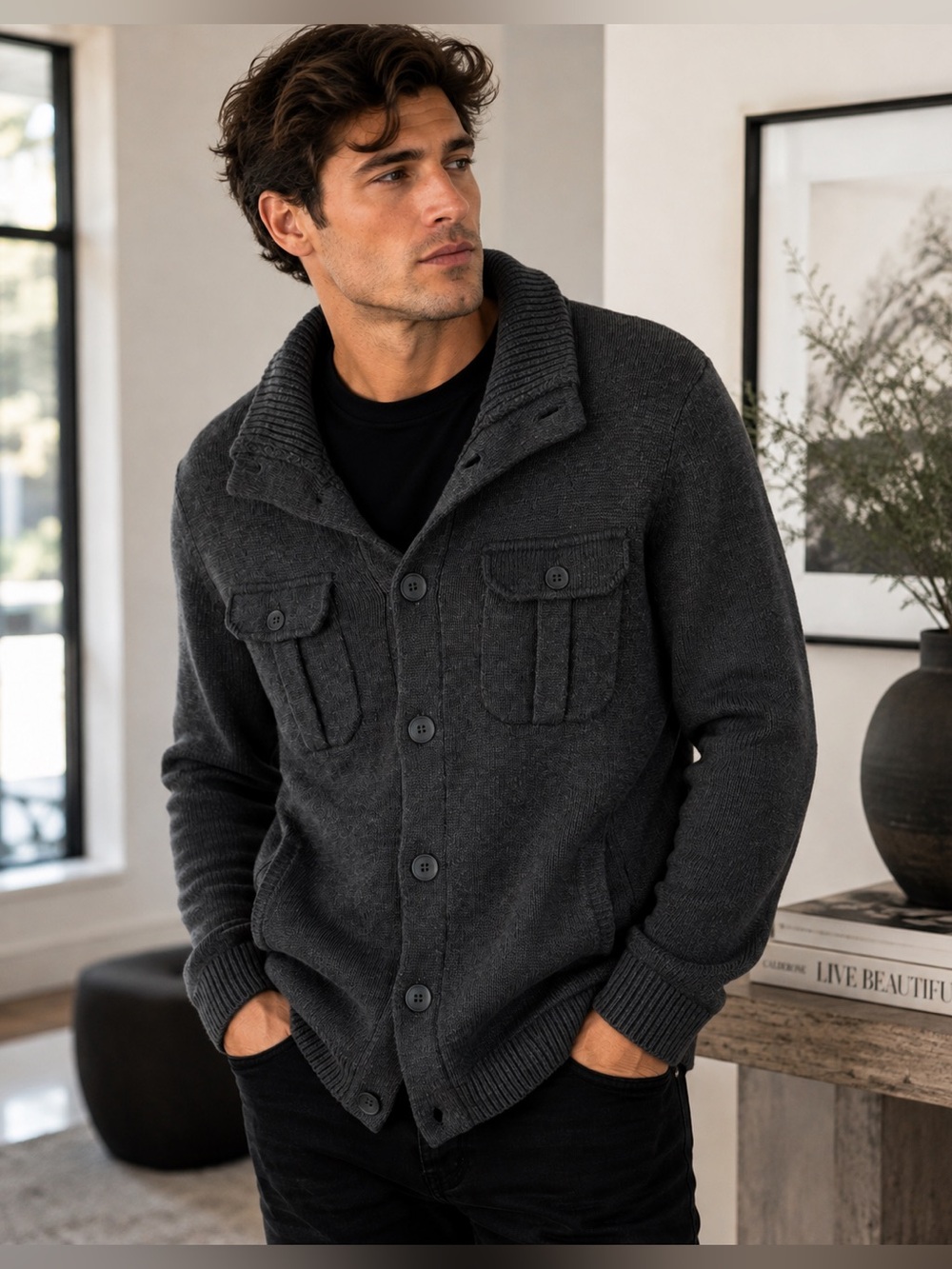 Express Men’s Sz M Charcoal Wool Blend Utility Cardigan Jacket Quiet Luxury